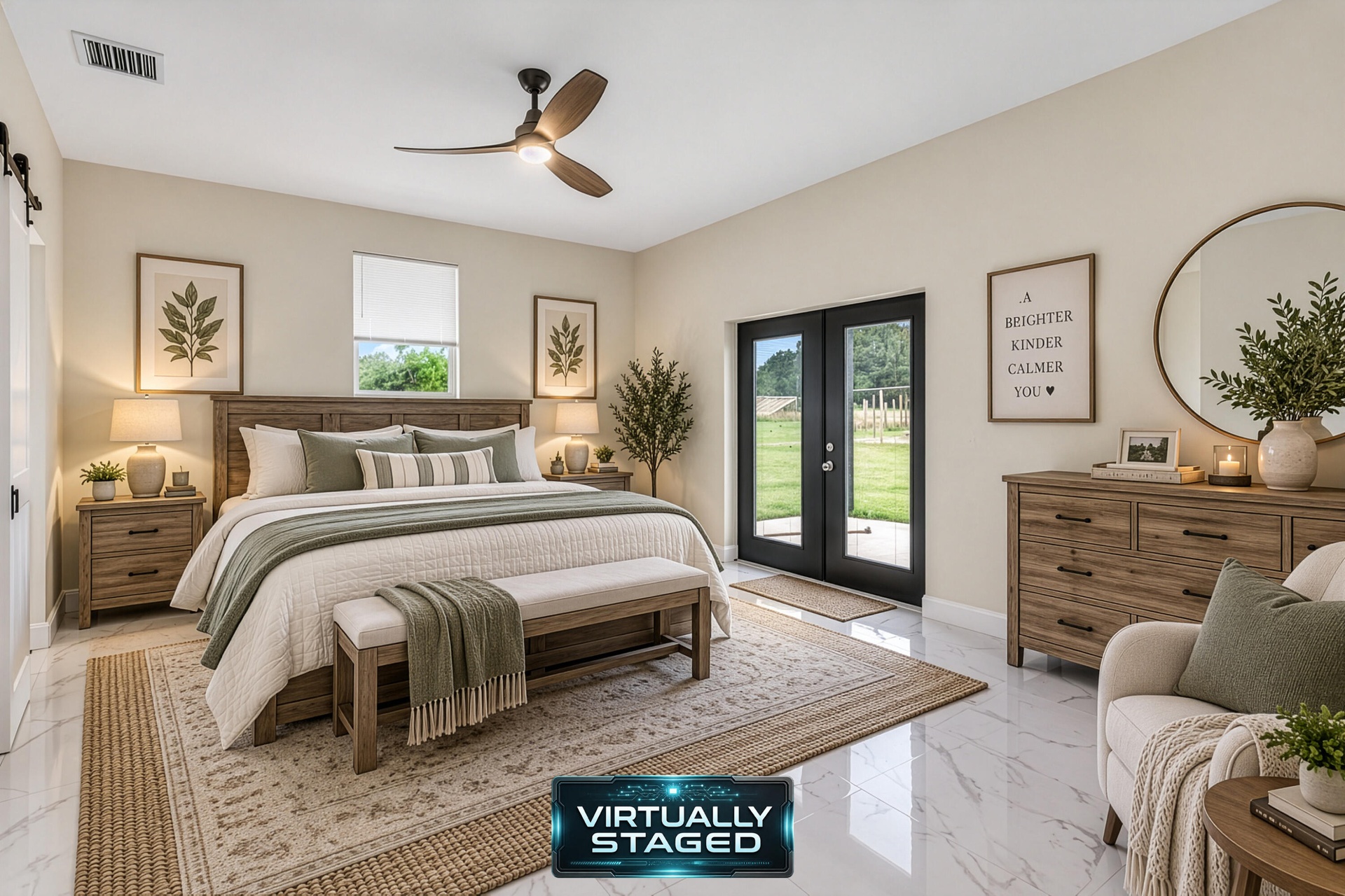 Primary suite with French doors to the porch (virtually staged)