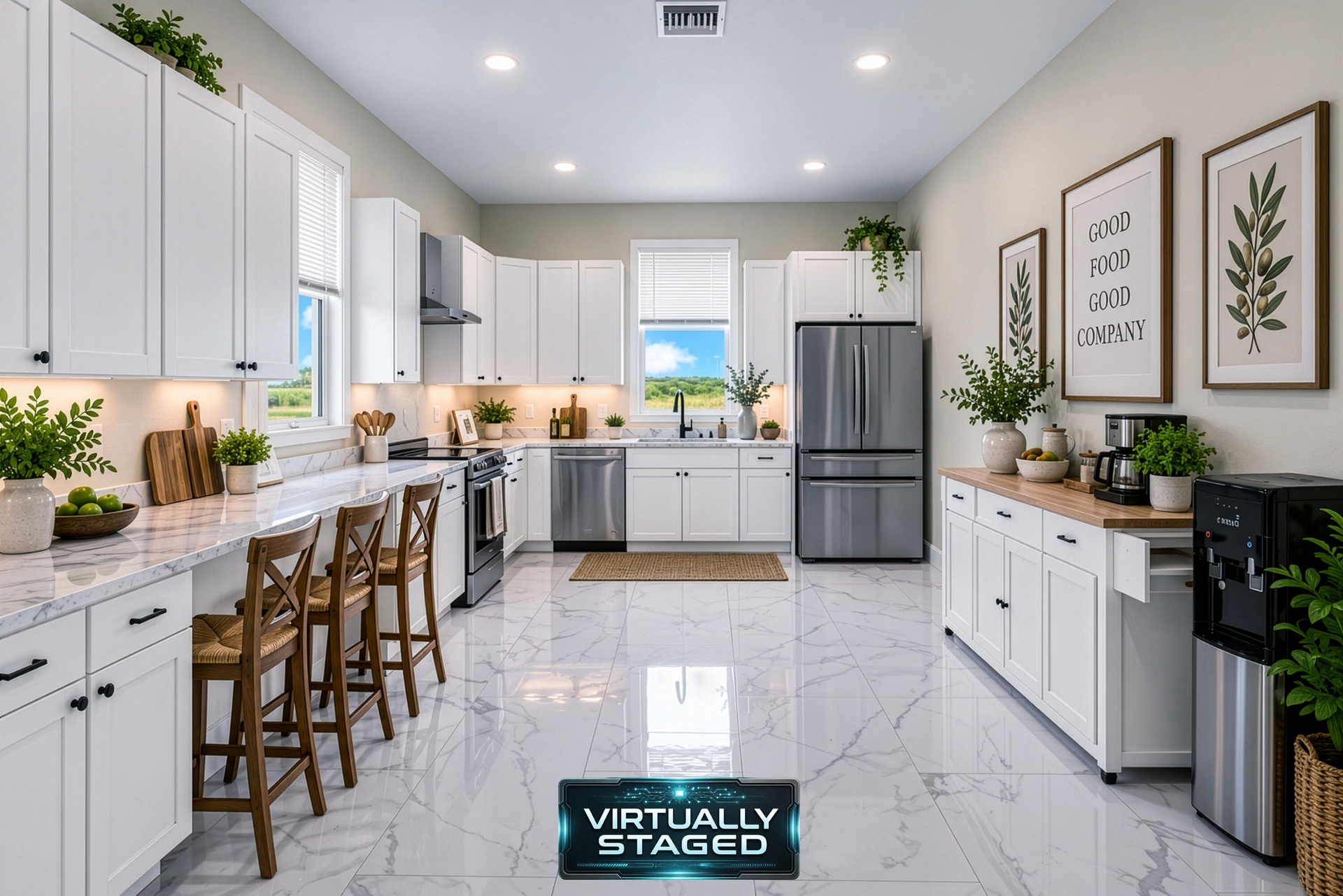 Kitchen with white cabinetry, stainless appliances and breakfast bar (virtually staged)