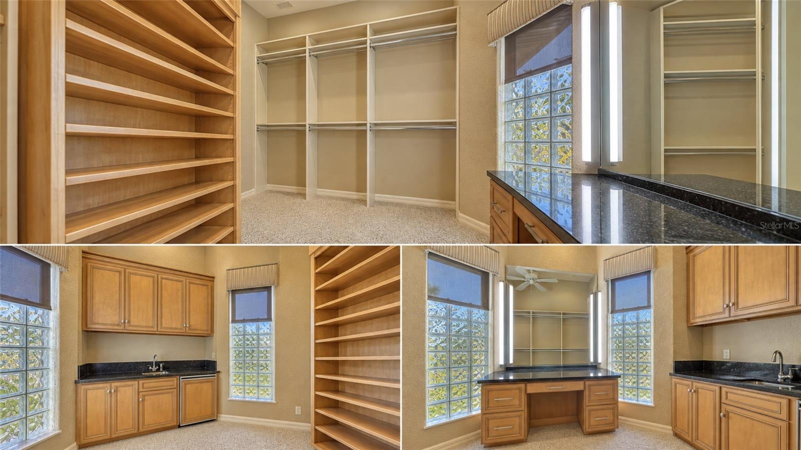 Oversized primary walk-in closet with morning kitchen