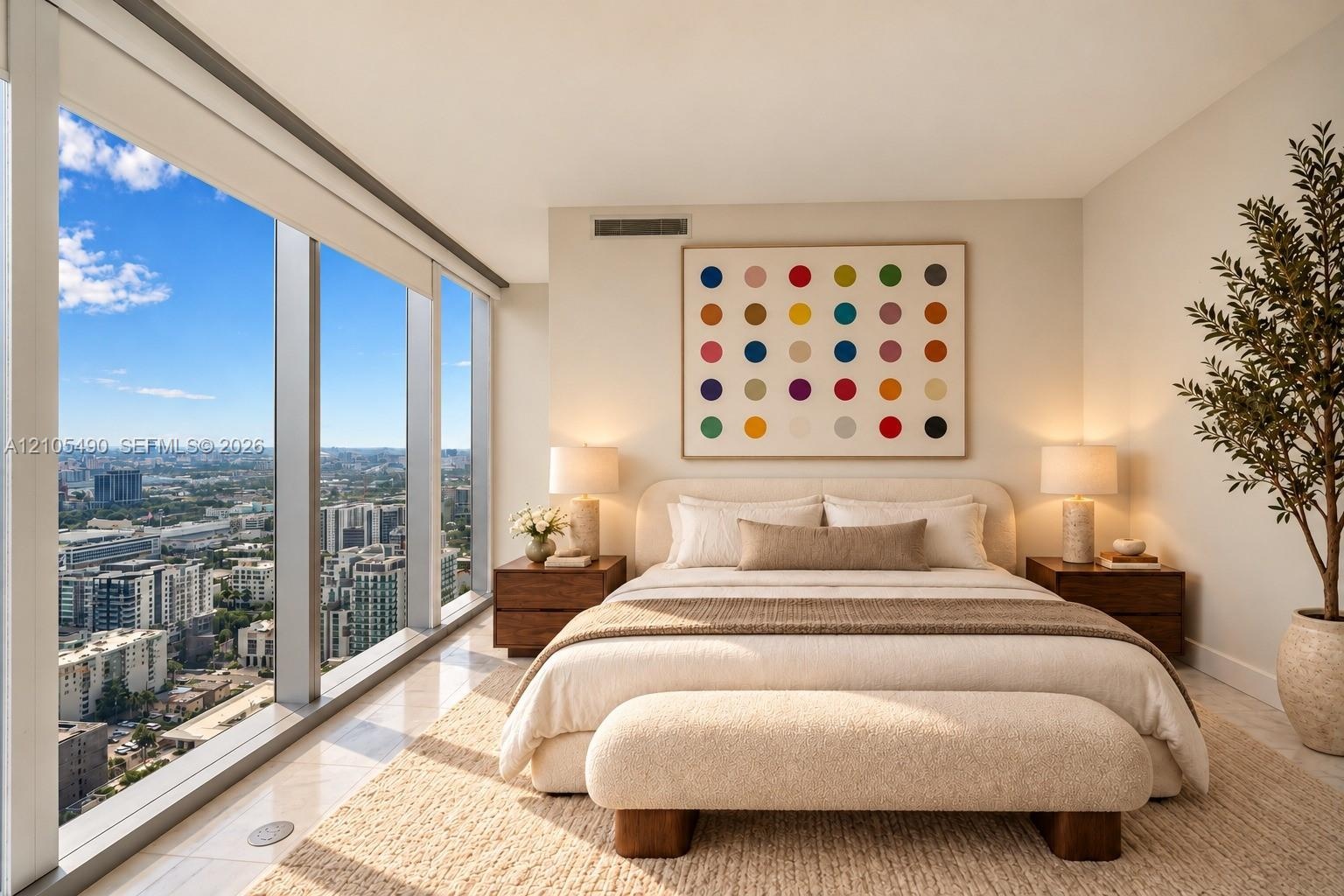 Floor-to-ceiling windows, neutral interior wall palette, stone-finish flooring, and expansive urban skyscape