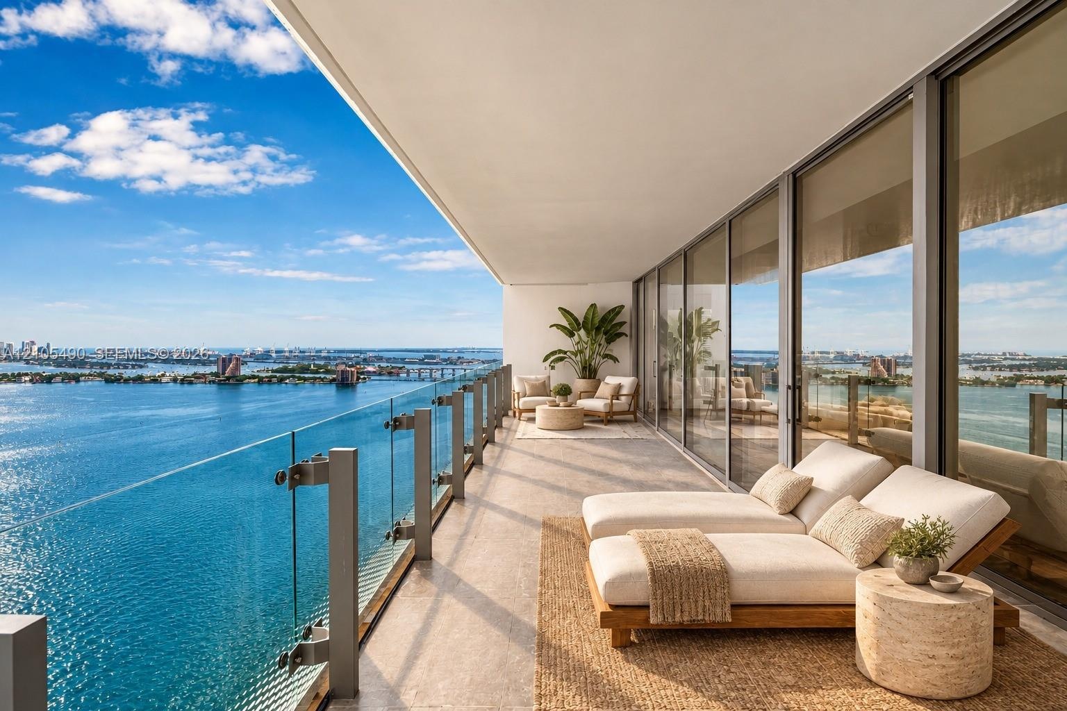 Expansive terrace featuring large-format stone flooring, a transparent glass panel railing, and full-height sliding glass doors