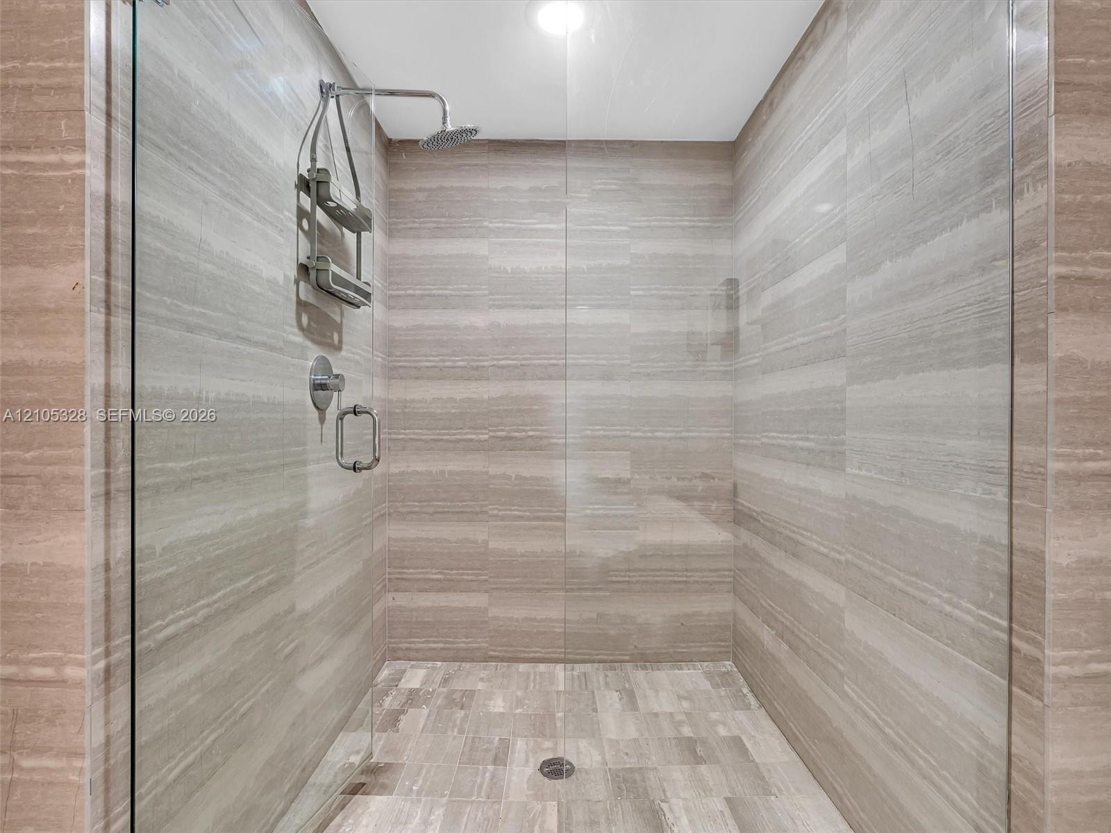 Luxurious spa-inspired shower featuring a frameless glass enclosure, ceiling-mounted rainfall showerhead, handheld shower, and elegant horizontally pa