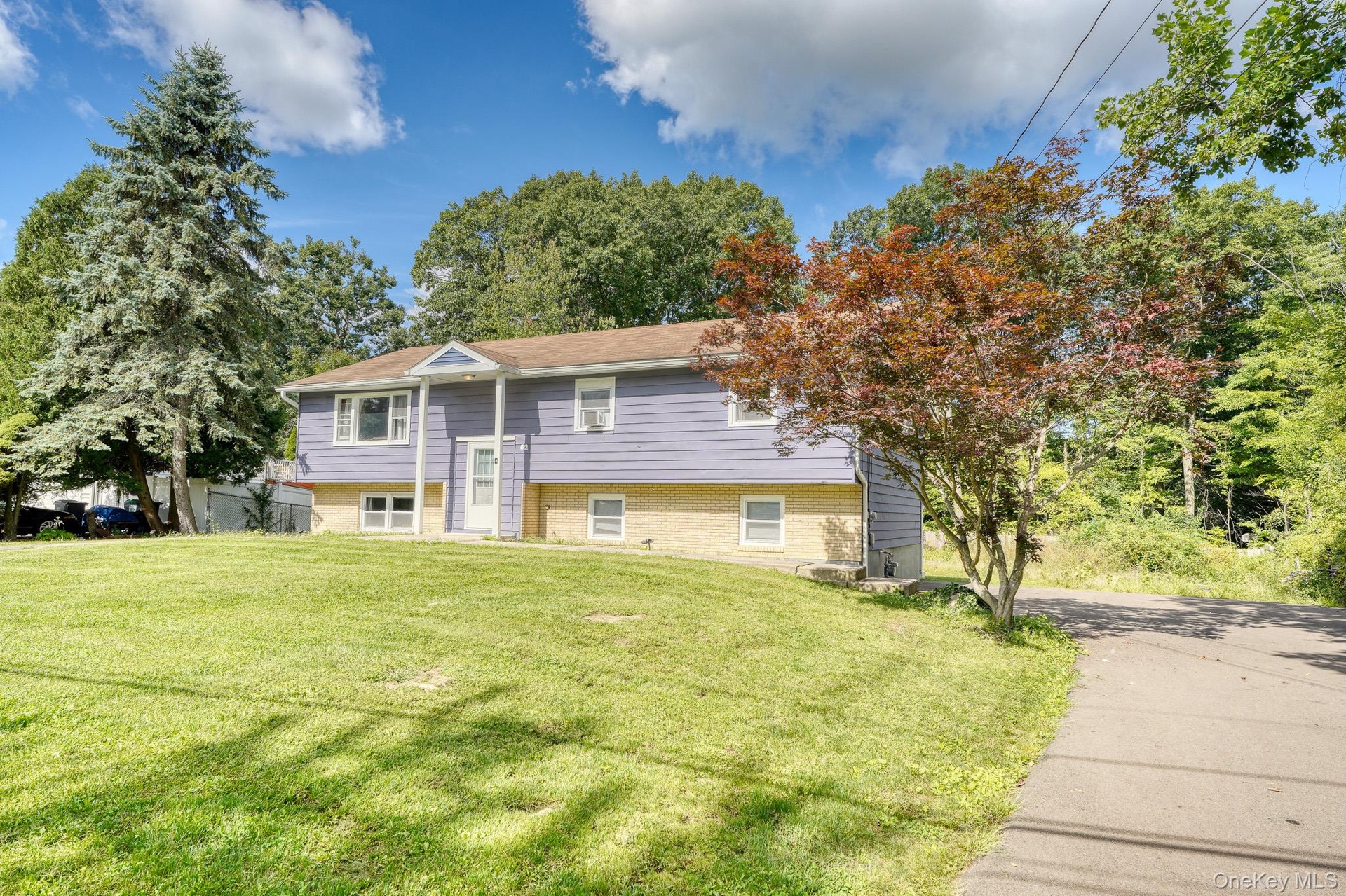 Attractive split-level home with a modern purple exterior and light brick foundation, set on a spacious, well-kept lawn. The front entrance features a