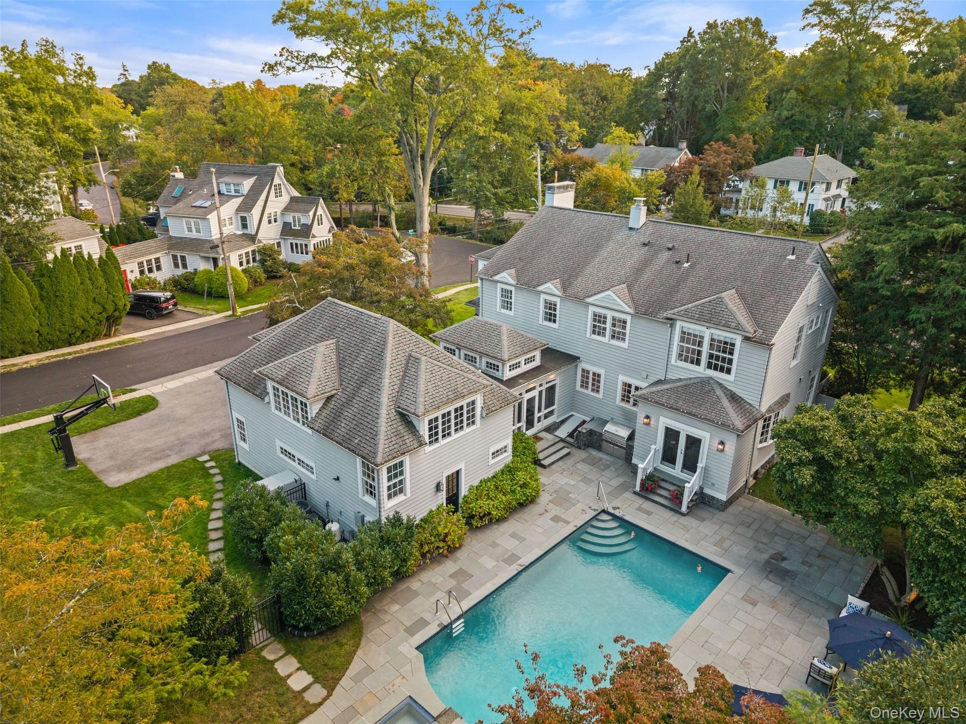 Aerial view of side/back structure showcases the expansive size and breadth of the home