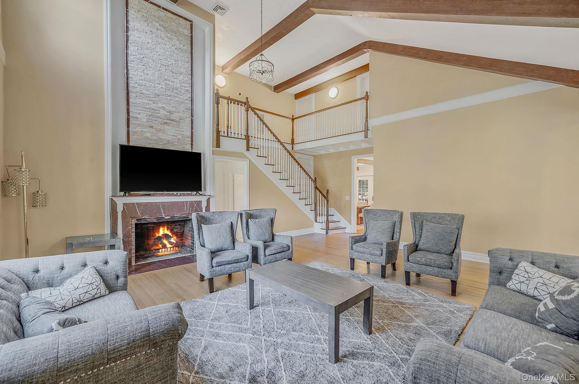 Fireplace, window wrapped walls