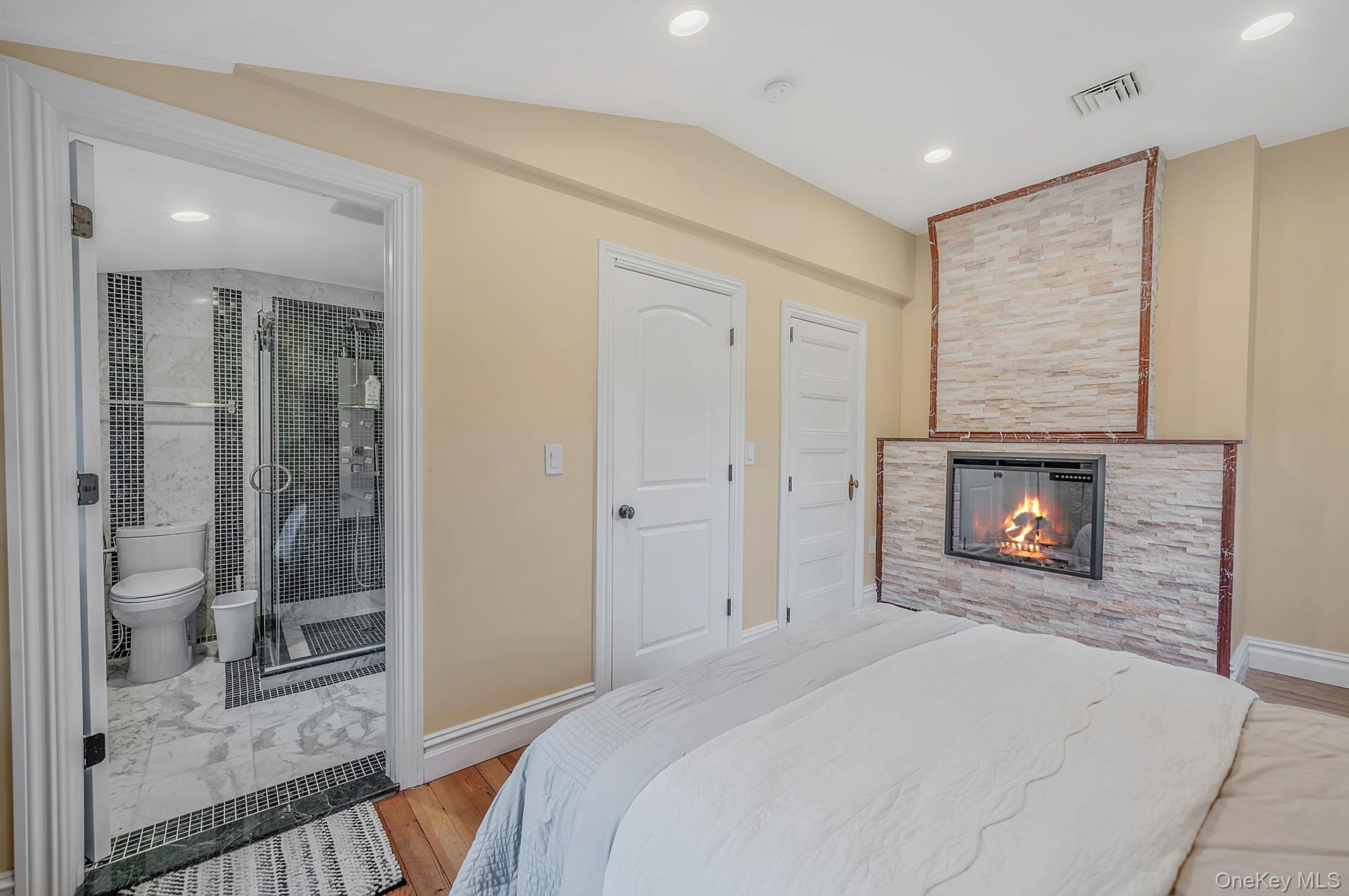 Electric fireplace, walk-in closet