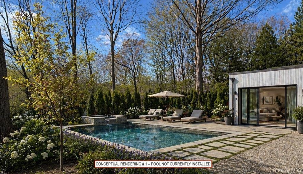 Conceptual rendering illustrating a potential pool utilizing a portion of the existing heated six-car garage as a future pool house. Pool not currentl