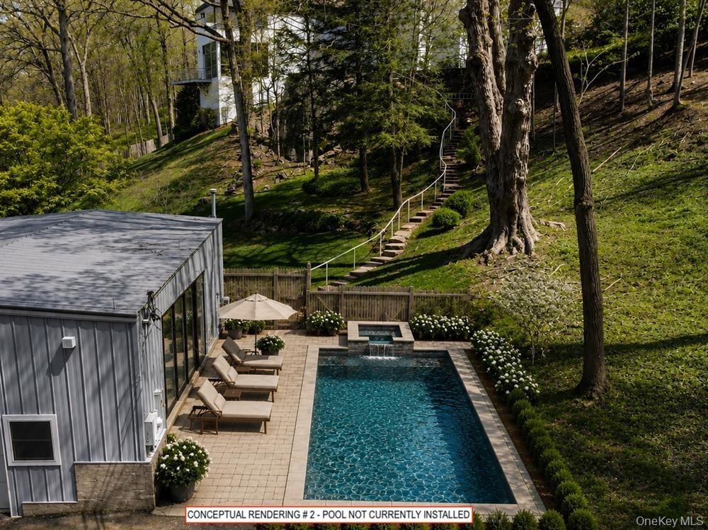 Conceptual rendering illustrating a potential pool retreat adjacent to the existing studio building. Pool not currently installed. Subject to approval