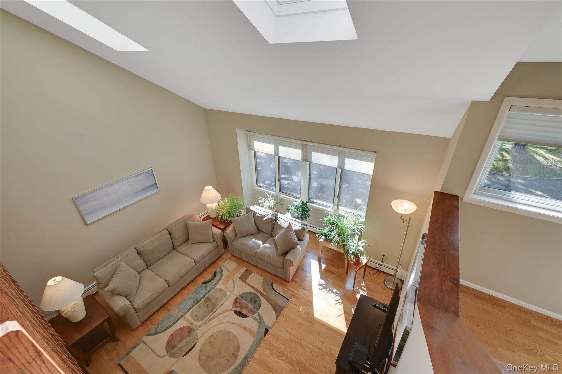 Vaulted ceilings with multiple skylights, hardwood flooring, and large windows with privacy blinds