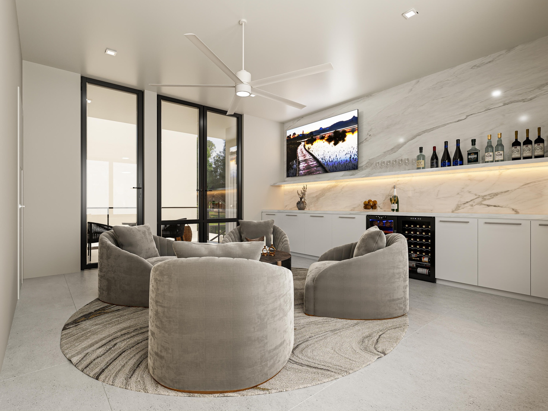 Flex-space above 2-car garage shown as Lounge