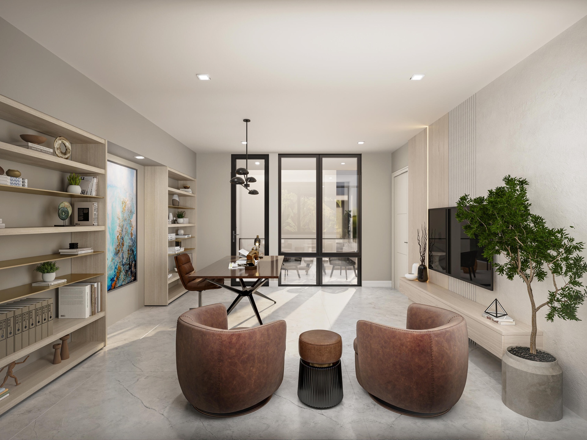 Flex-space above 2-car garage shown as Private Work Space