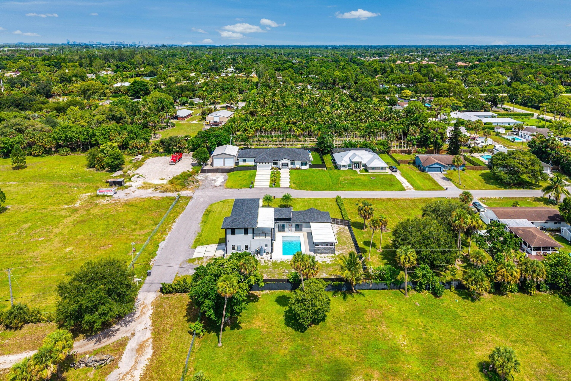 Aerial perspective showcasing a modern residence with a private swimming pool