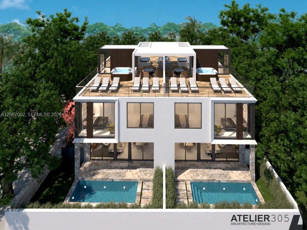 Modern multi-level residence with two private swimming pools, expansive rooftop deck with two hot tubs, and two integrated outdoor kitchen areas