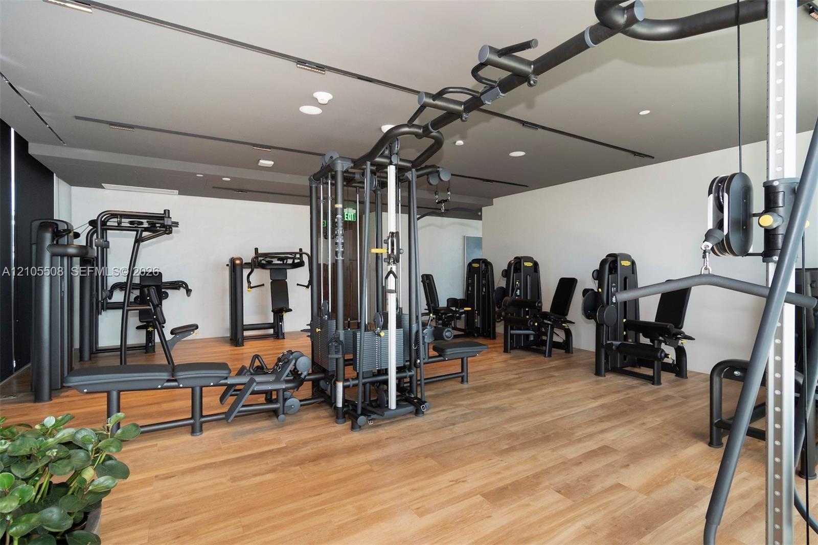 Dedicated fitness area featuring multiple exercise machines, wood-finish flooring, recessed lighting, and track lighting
