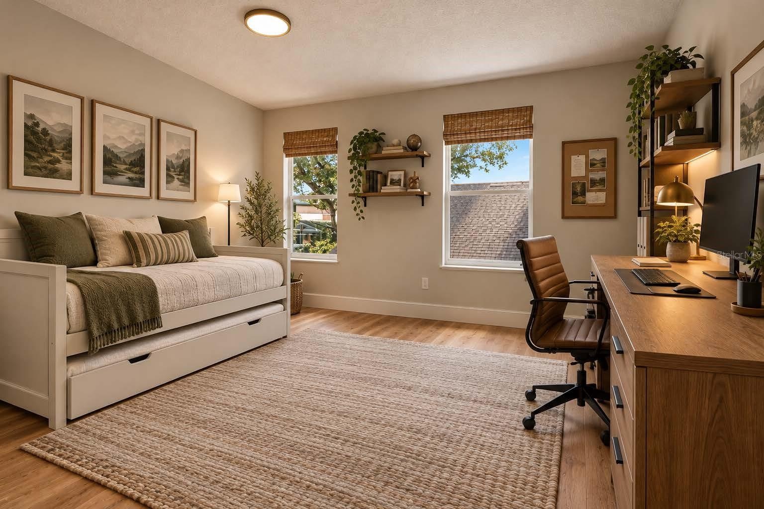 Staged bedroom to show guest bedroom/ Office possibilities.