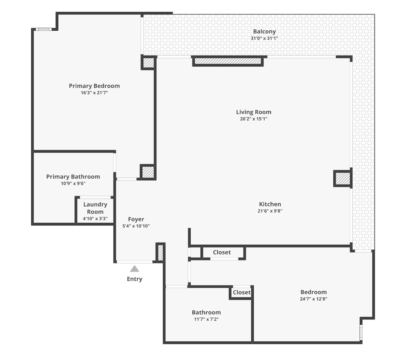 Corner unit w/wrap around balcony. 4 units per floor.