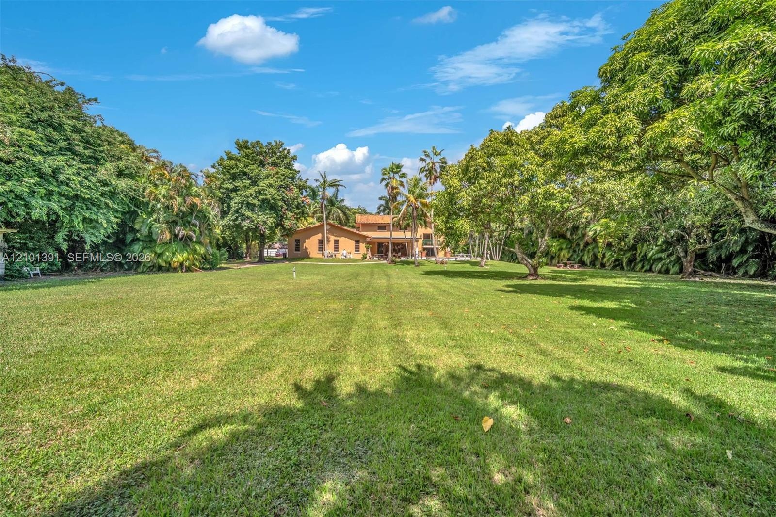 Expansive grassy lawn surrounded by mature trees and lush tropical foliage