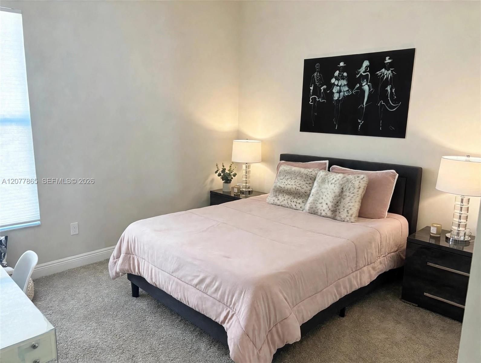Plush carpeting, window with blinds, and recessed lighting
