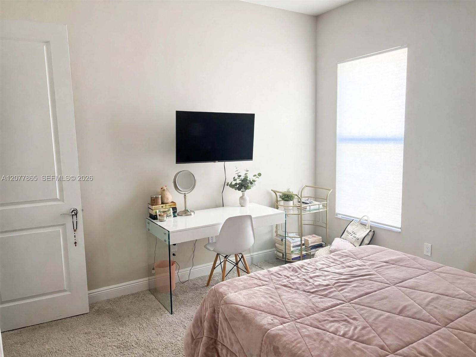 Wall-mounted television, neutral wall color, window with cellular shade, paneled door, and carpeted flooring