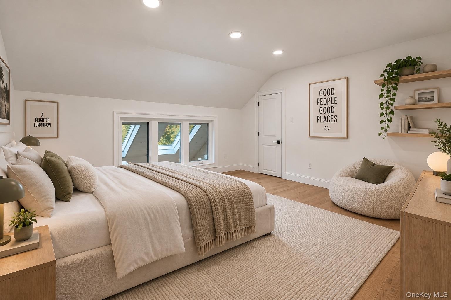 2nd floor bedroom Sloped ceilings featuring recessed lighting, inset windows, wood-finish flooring, and wall-mounted wooden shelving