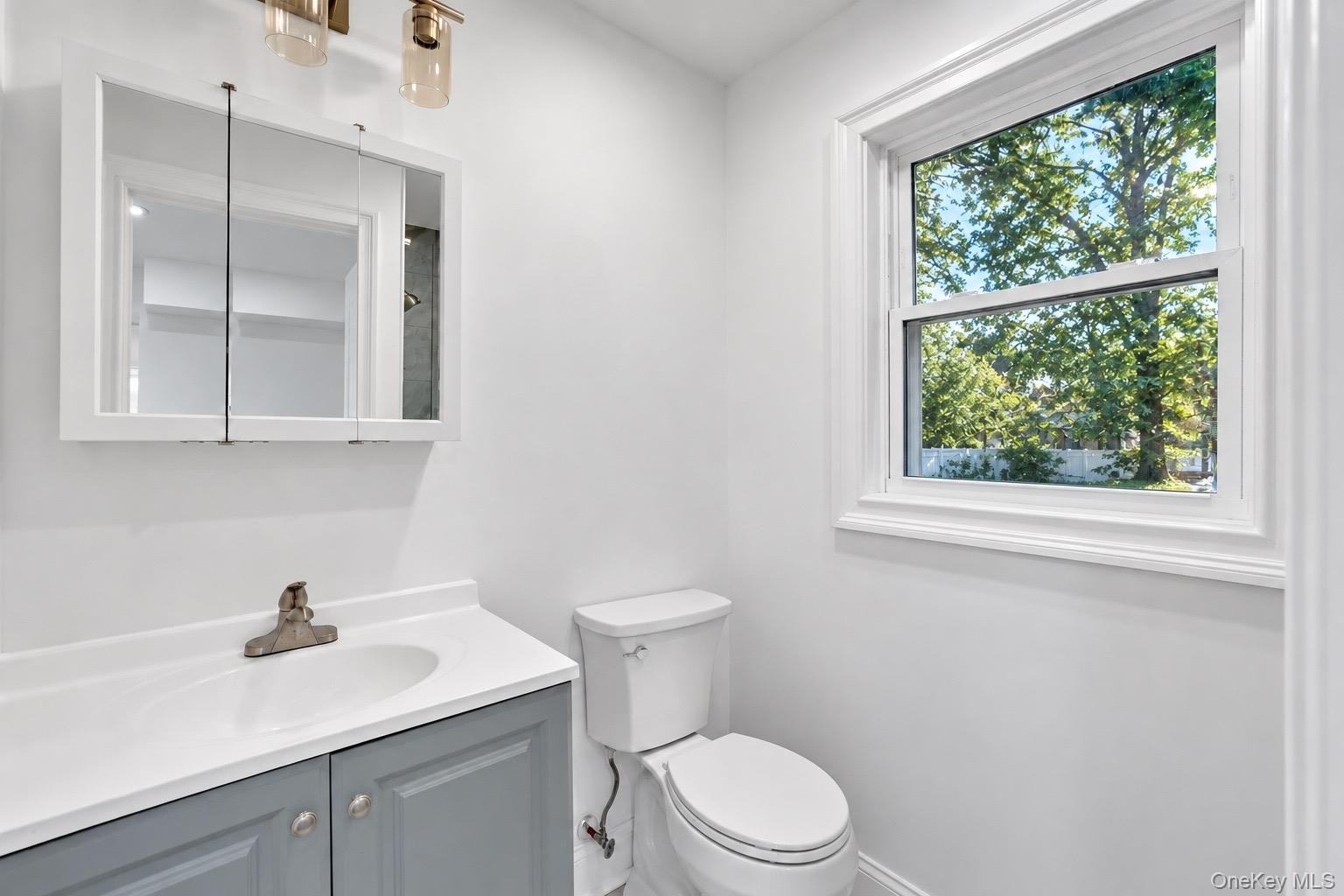 Full Bathroom with shower stall featuring a grey vanity cabinet with a solid-surface integrated sink, two-door medicine cabinet, dual-light fixture, a
