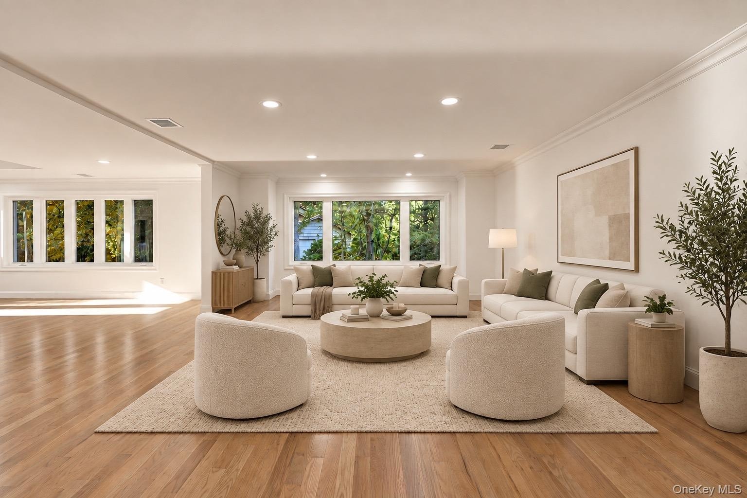 Open-concept interior featuring wood-finish flooring, recessed lighting, and expansive windows