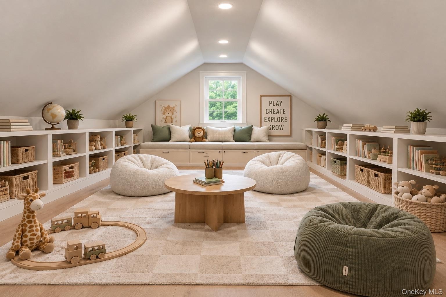 Vaulted ceiling featuring recessed lighting, extensive built-in white cabinetry with open shelving, and a central window with an integrated low-profil