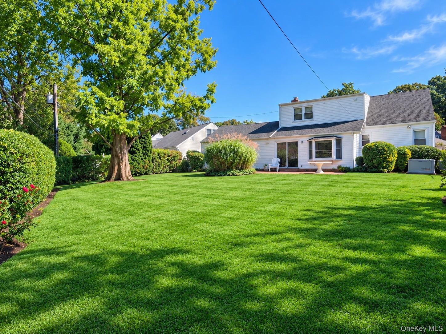 Expansive rear lawn with mature trees and established perimeter hedges