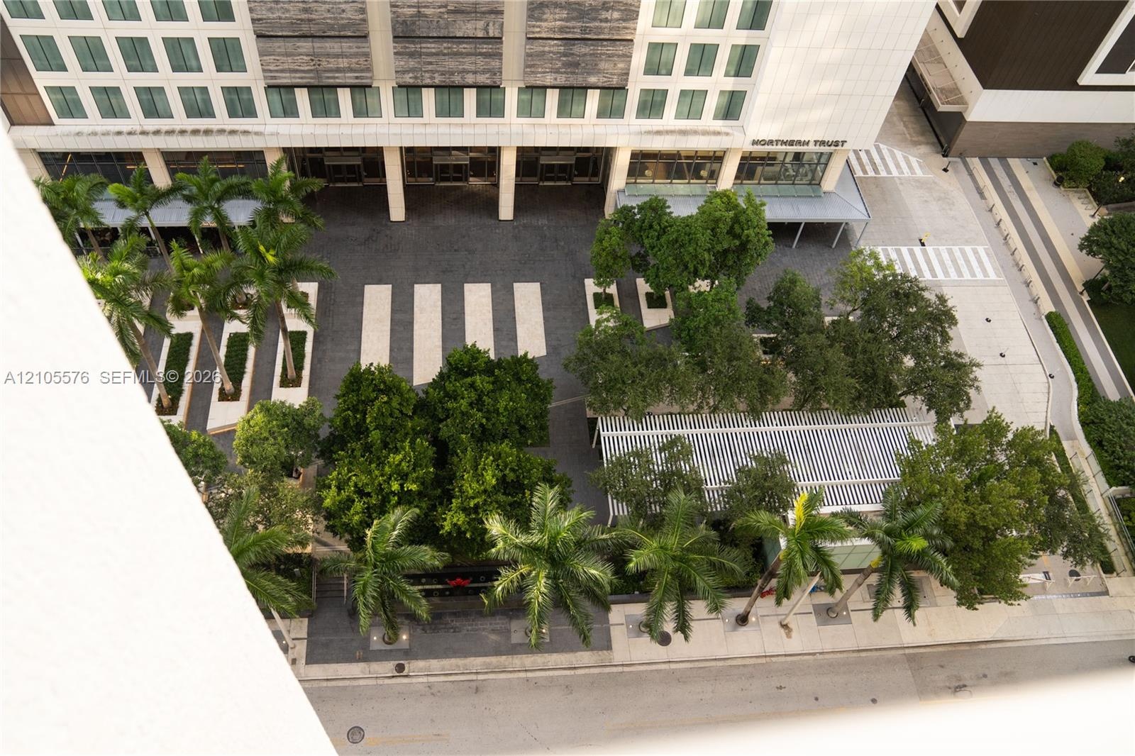 Aerial perspective of a multi-story building exterior featuring a paved plaza, concrete pedestrian pathways, mature palm trees, integrated landscaping