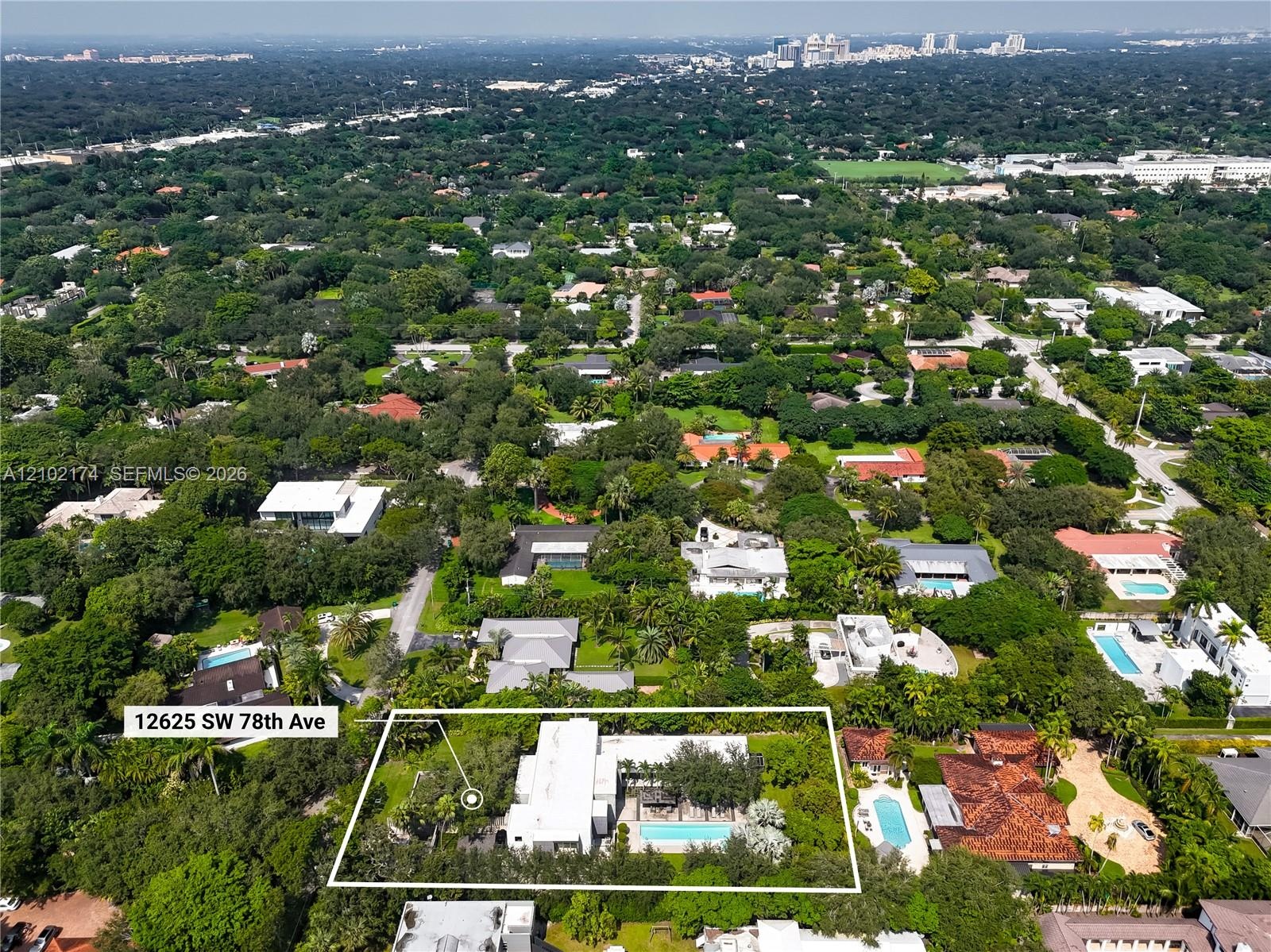 Aerial perspective of a lush, wooded residential area featuring mature tree canopy, dense vegetation, and a cityscape skyline in the distance