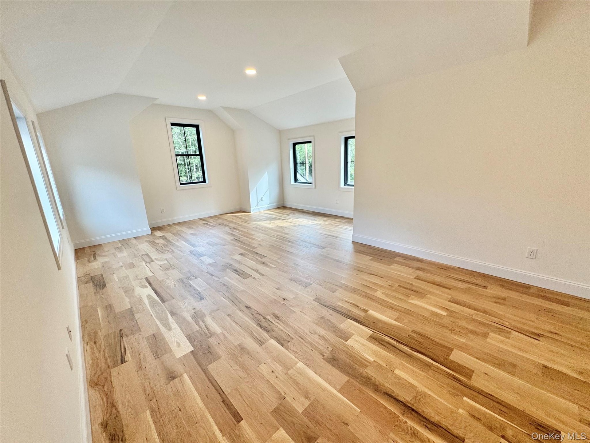 Additional living space with light wood-type flooring, vaulted ceiling, and recessed lighting