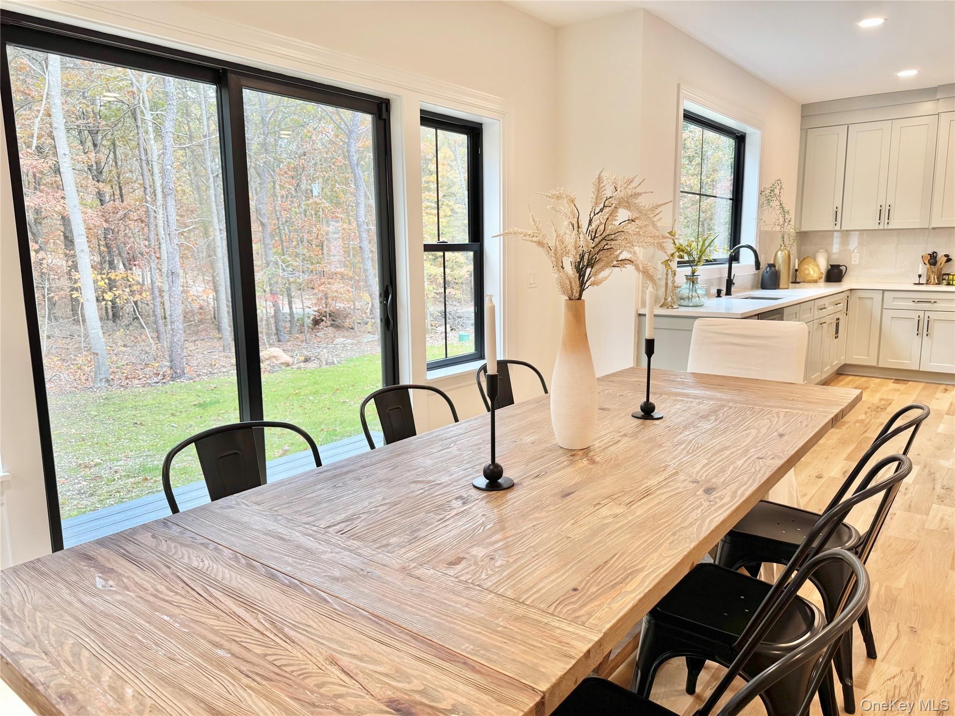 Dining area featuring light wood finished floors and recessed lighting
