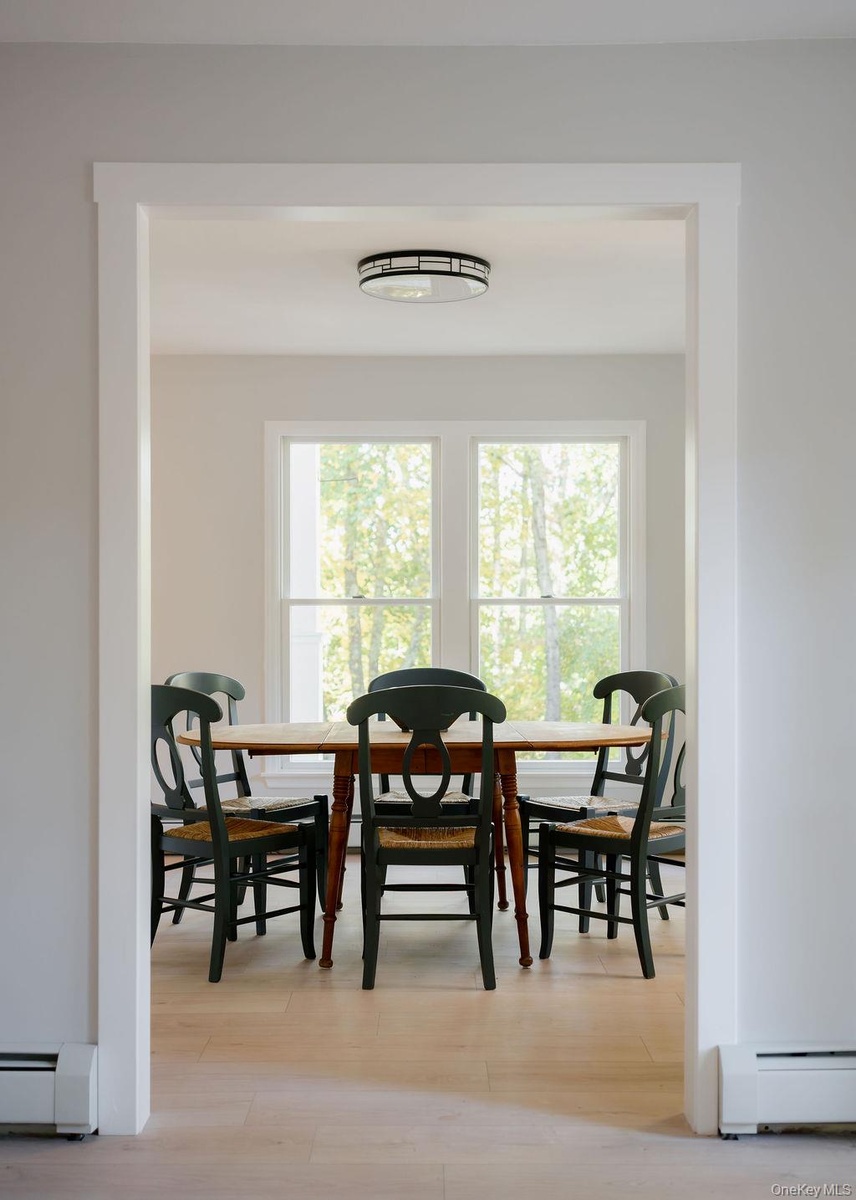 Interior space featuring clean white trim, light wood-finish flooring, dual windows with exterior foliage, and a geometric flush-mount ceiling light f