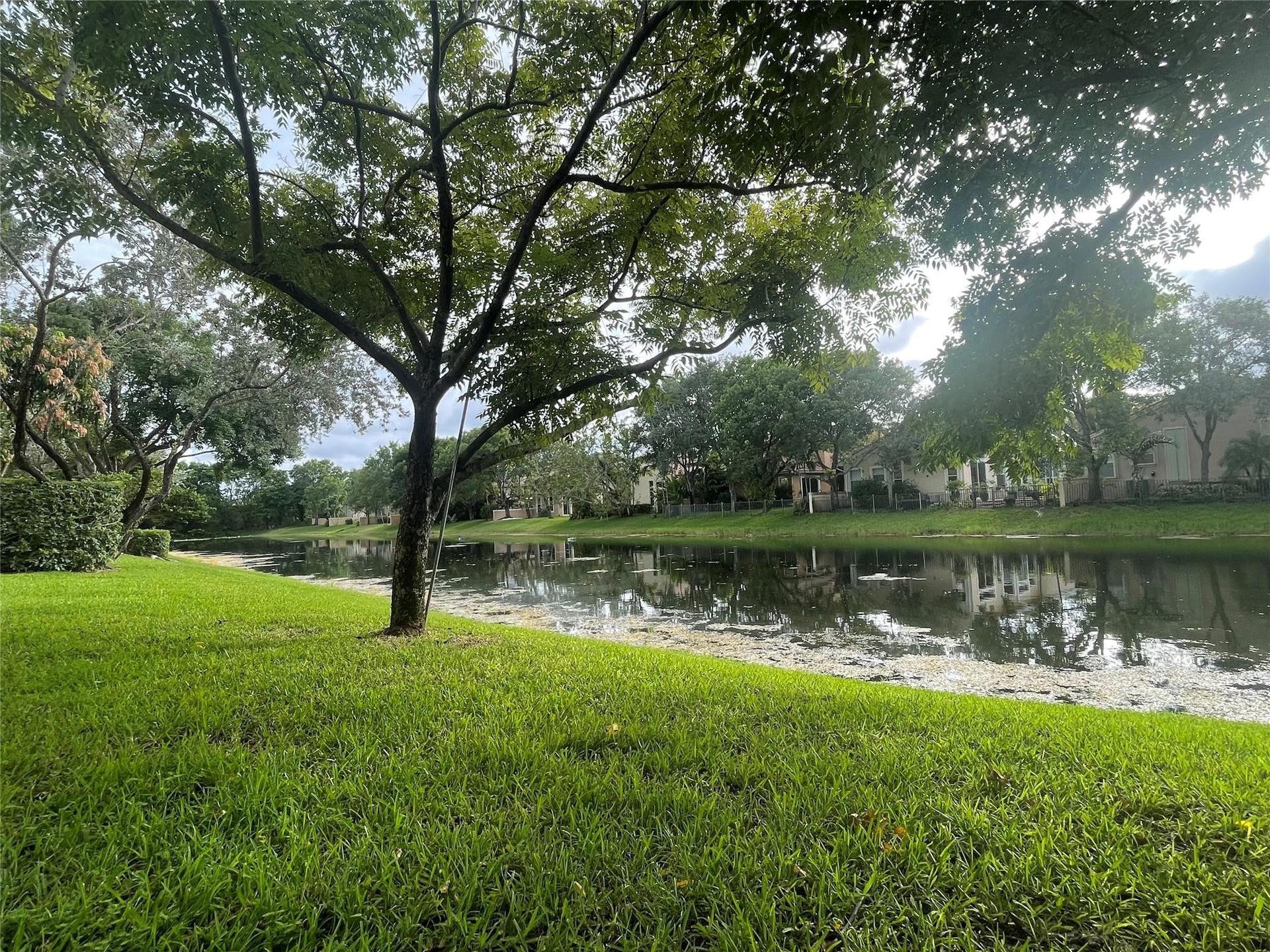 Waterfront property featuring a manicured lawn, mature trees, and natural landscaping