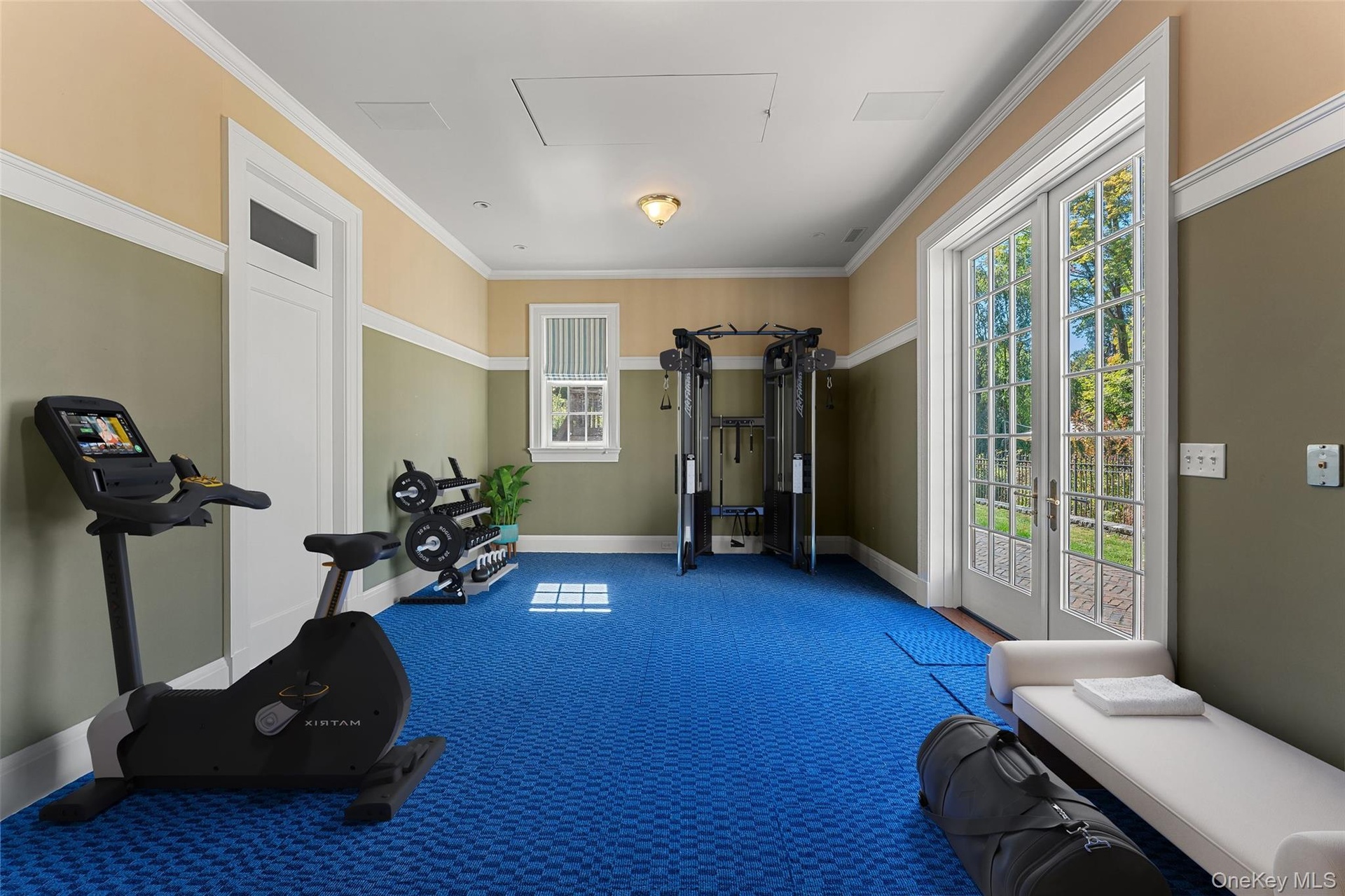 Virtually staged exercise room.