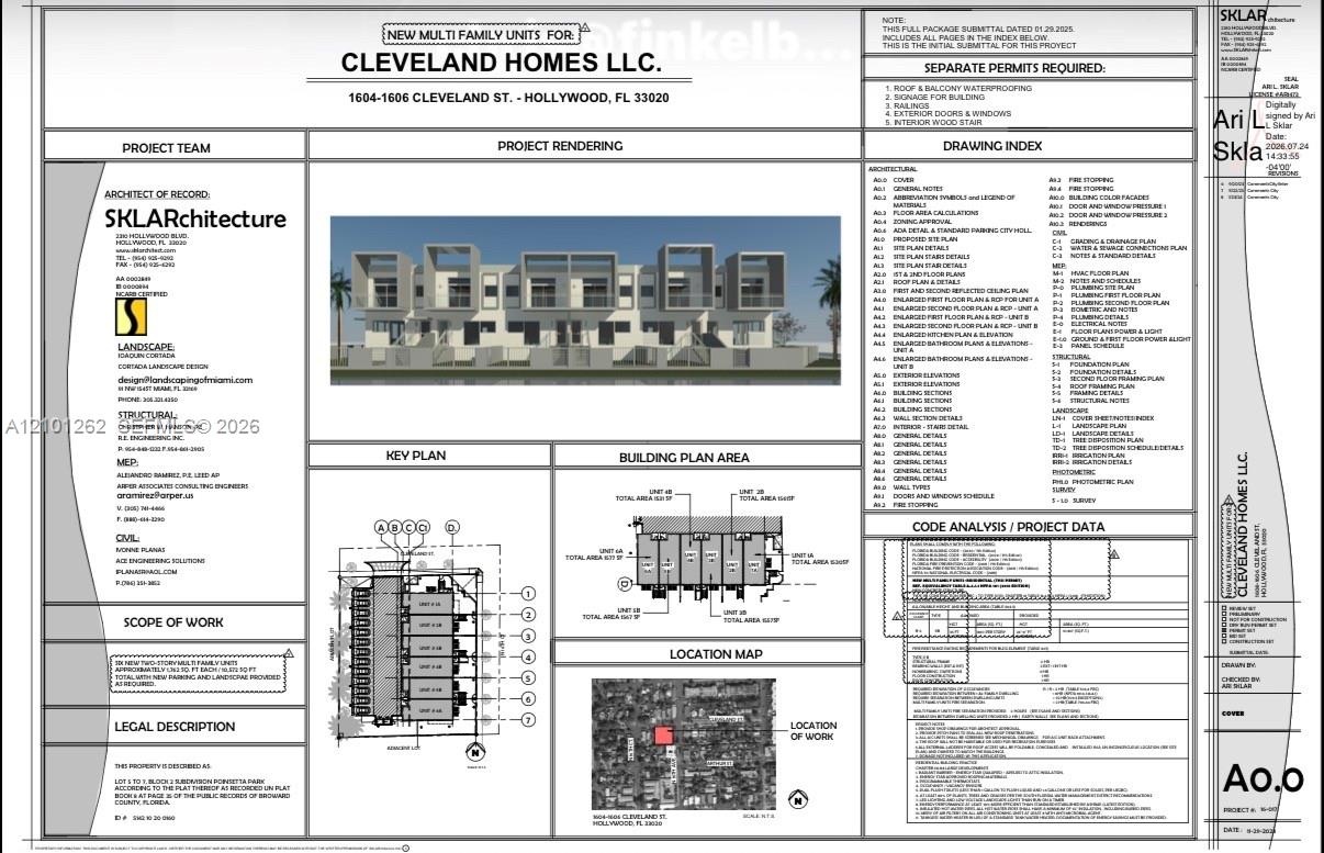Architectural Cover Sheet. Providing the project data, permit requirements, and scope of work for the property