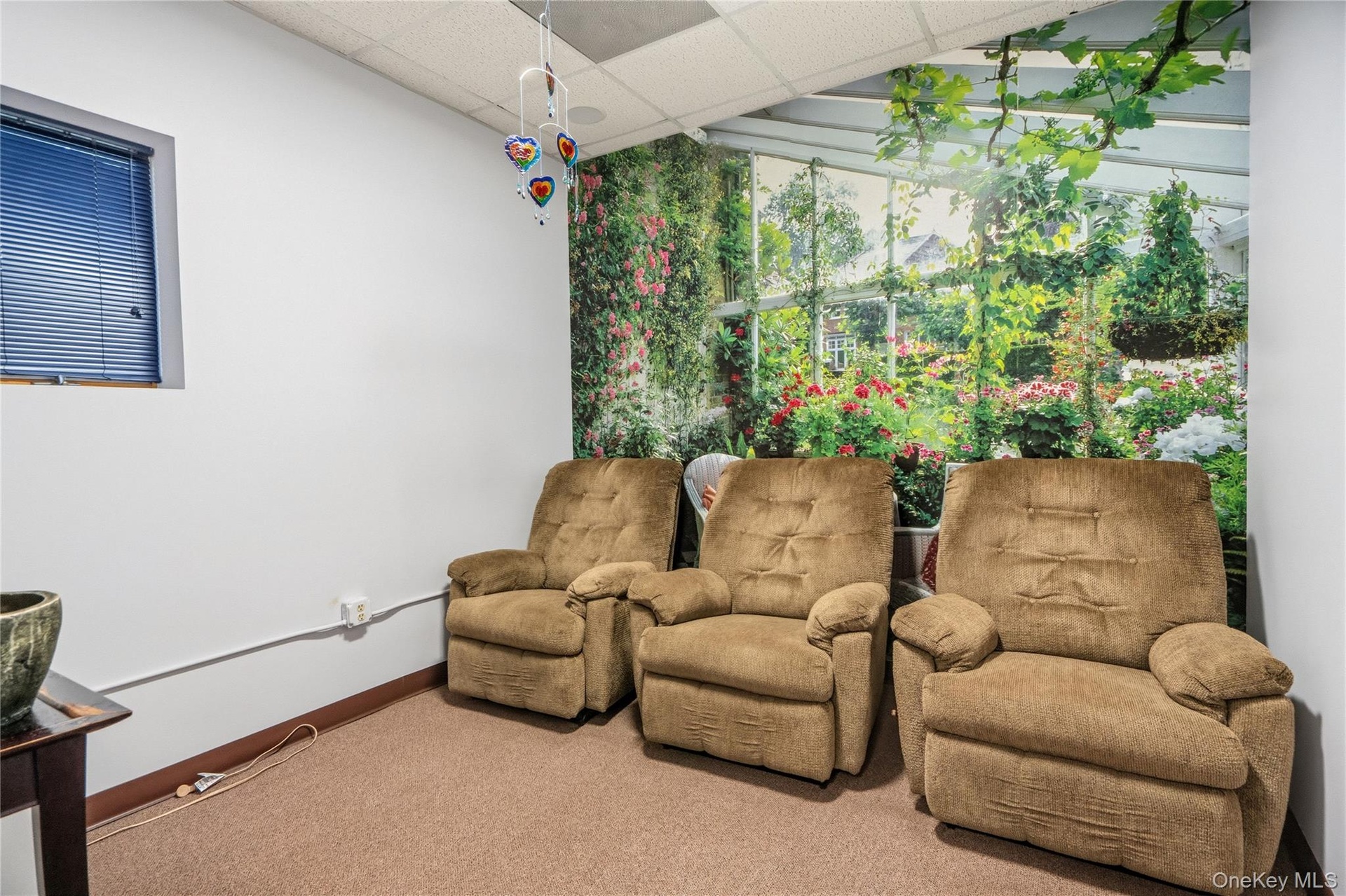 Room featuring a full-wall botanical mural, dropped ceiling, and a window with integrated blinds
