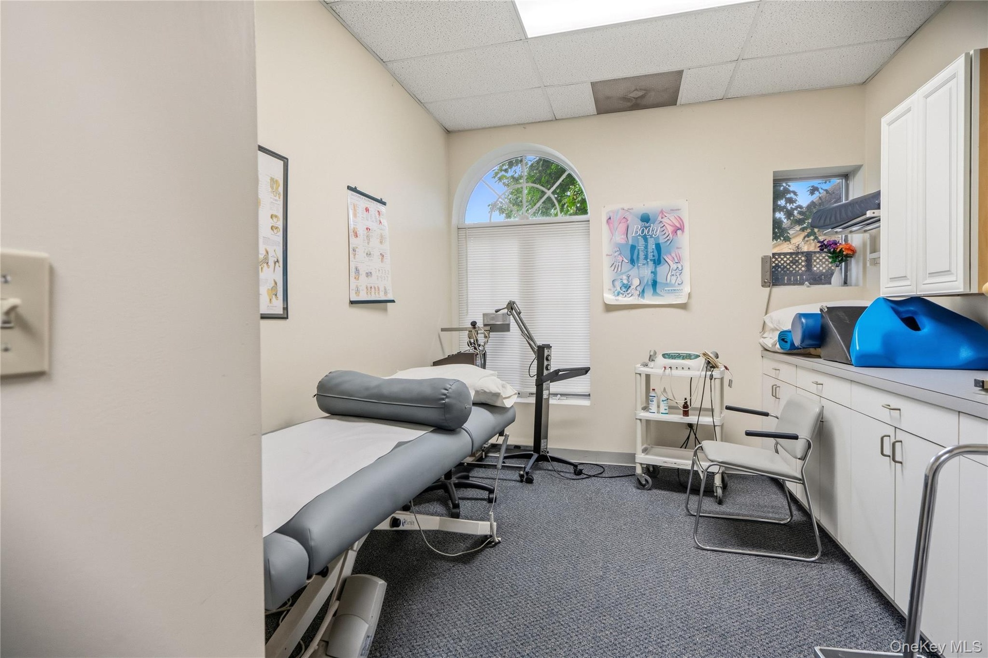Room featuring arched window, built-in cabinetry, solid-surface countertops, and carpeted flooring