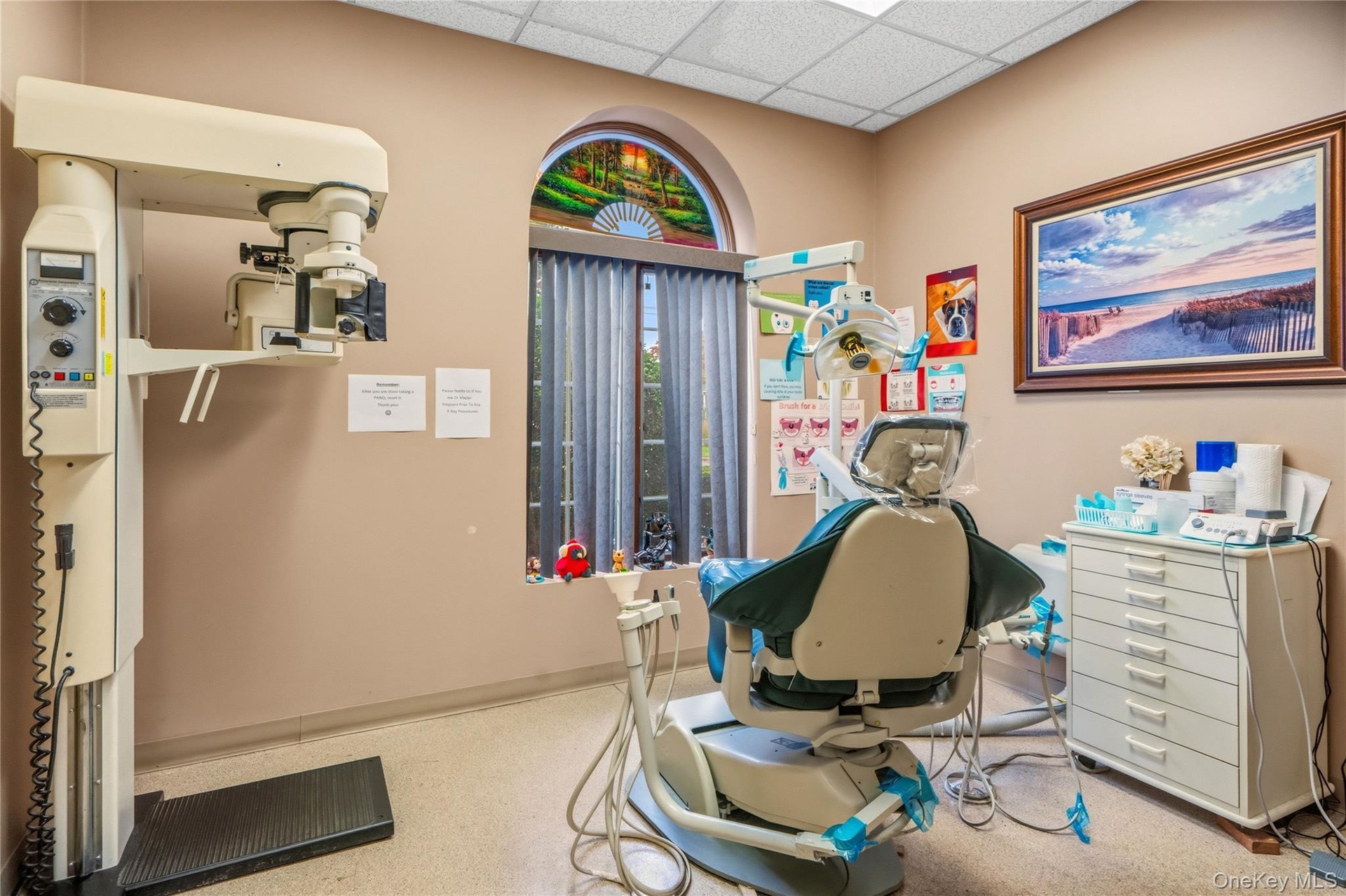 Treatment room featuring a dental chair, digital radiography unit, multi-drawer cabinetry, and a decorative arched window with a stained-glass transom