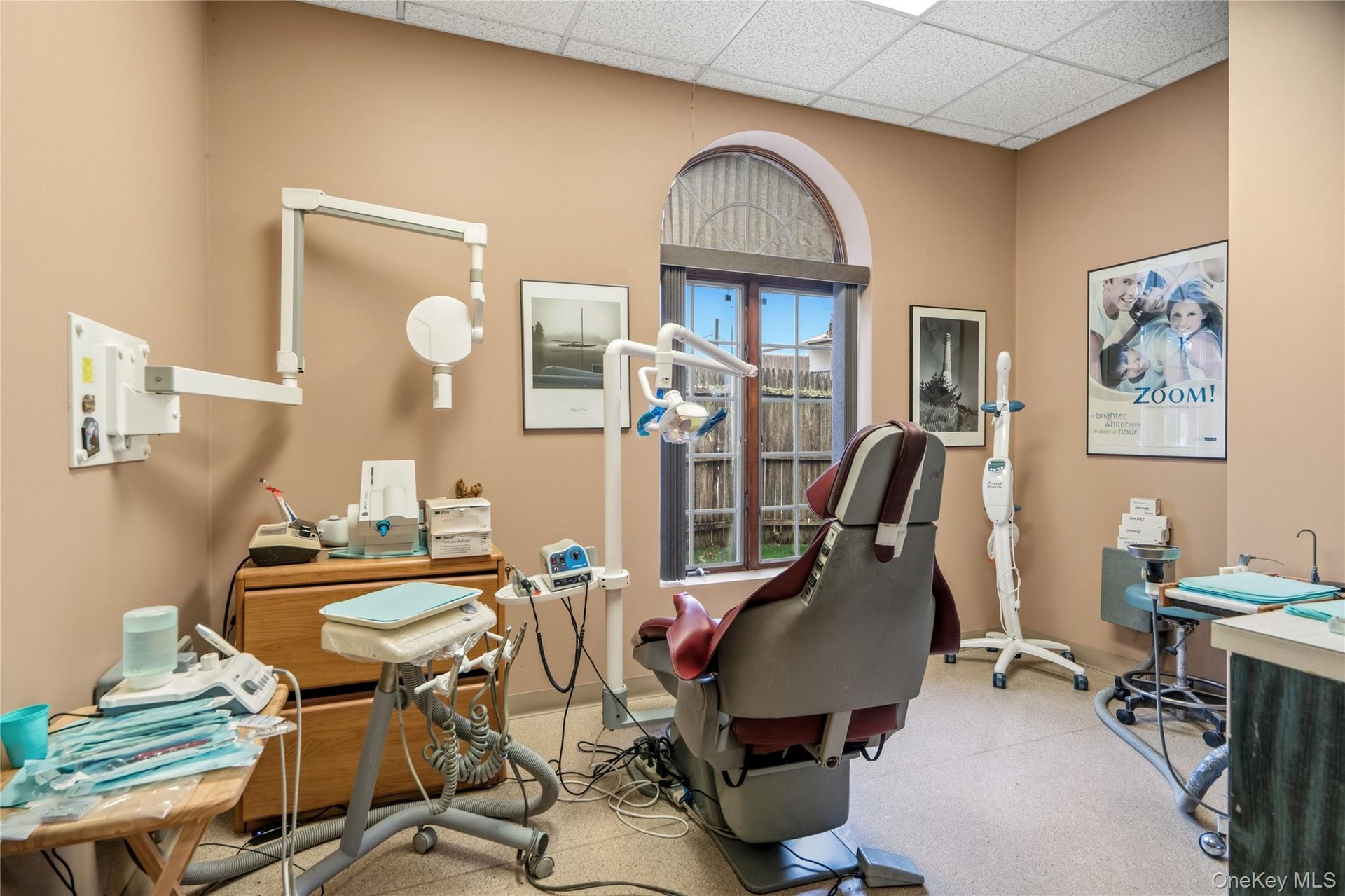 Arched window with decorative transom, drop ceiling, and solid-surface countertop with integrated basin