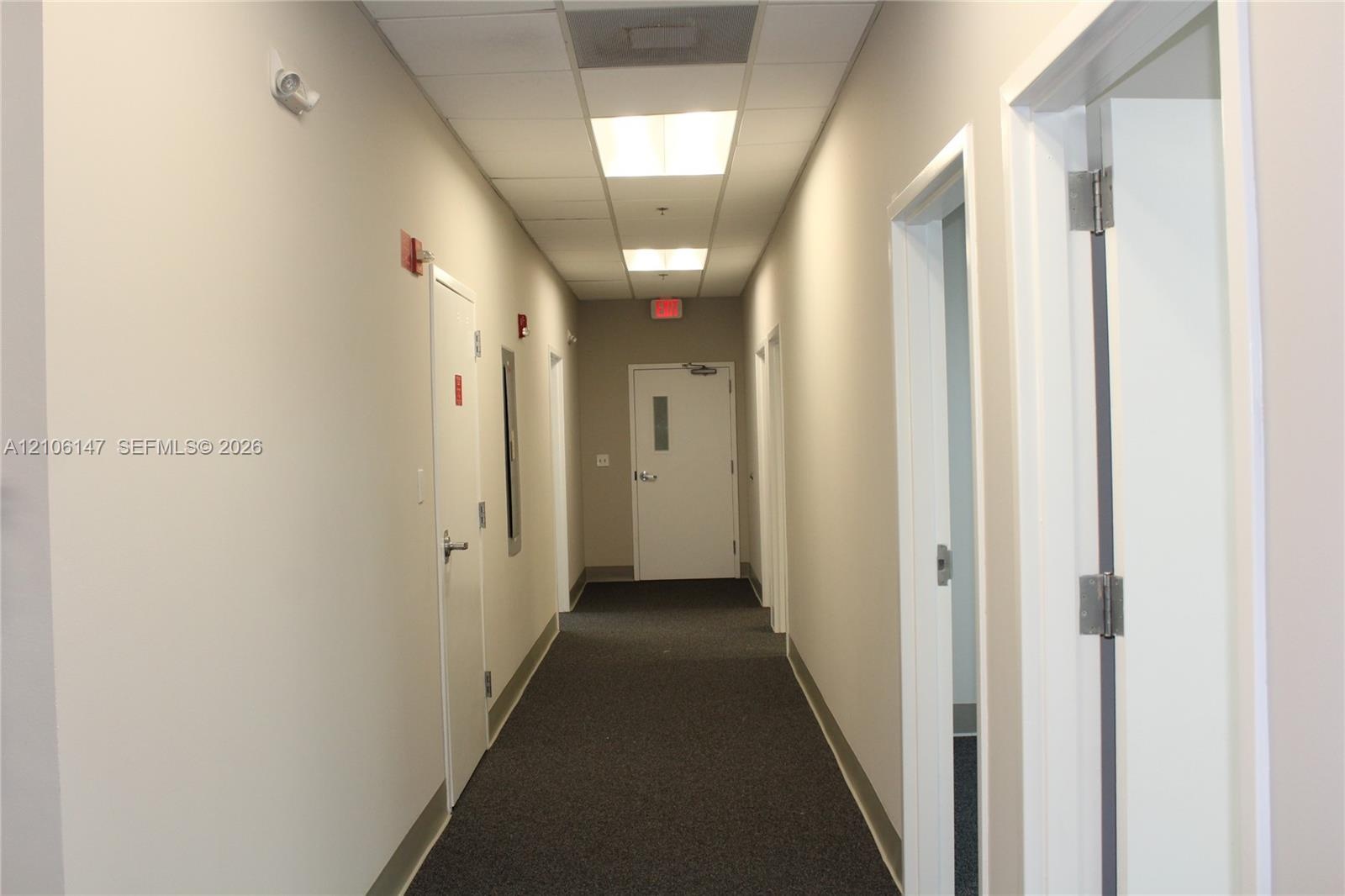 Hallway featuring neutral wall finishes, drop ceiling with integrated recessed lighting, and carpeted flooring
