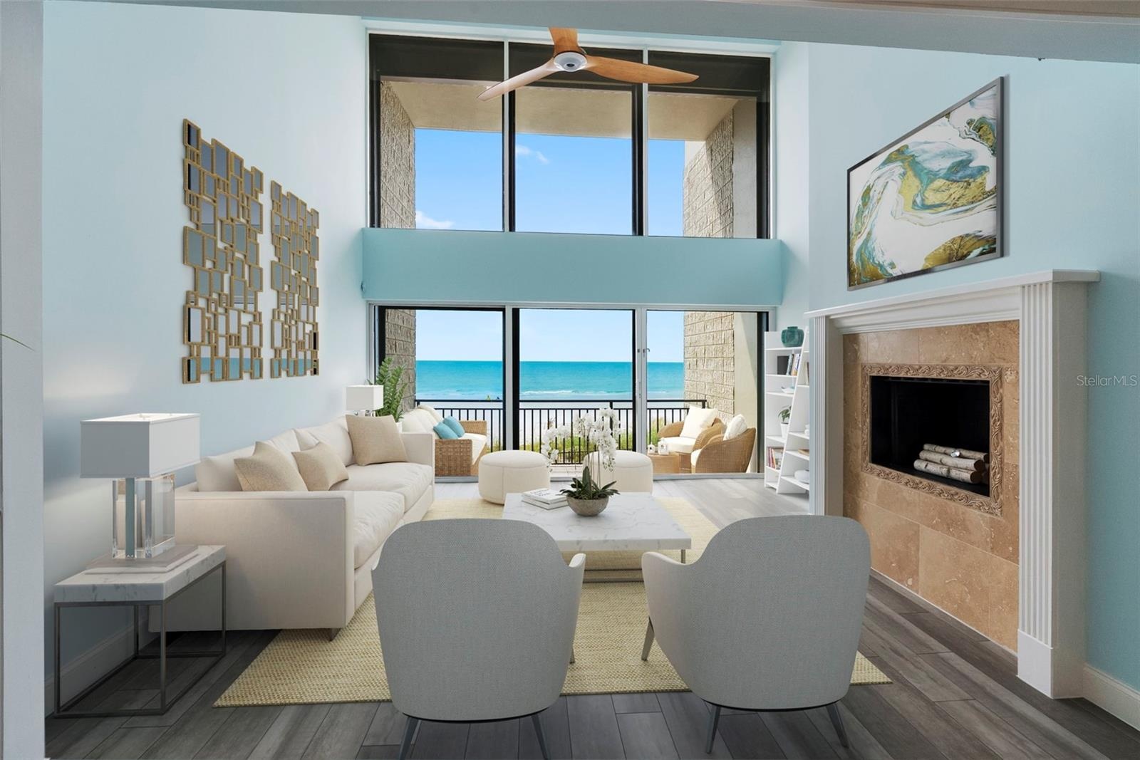 Living Room with Fireplace and balcony access