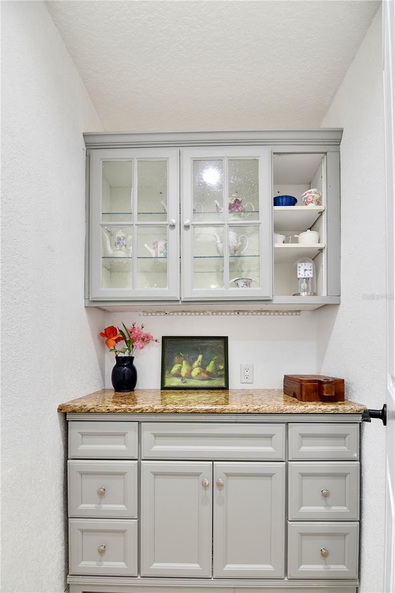 Additional pantry space featuring built-in cabinetry, countertop workspace, and glass-front display cabinets.