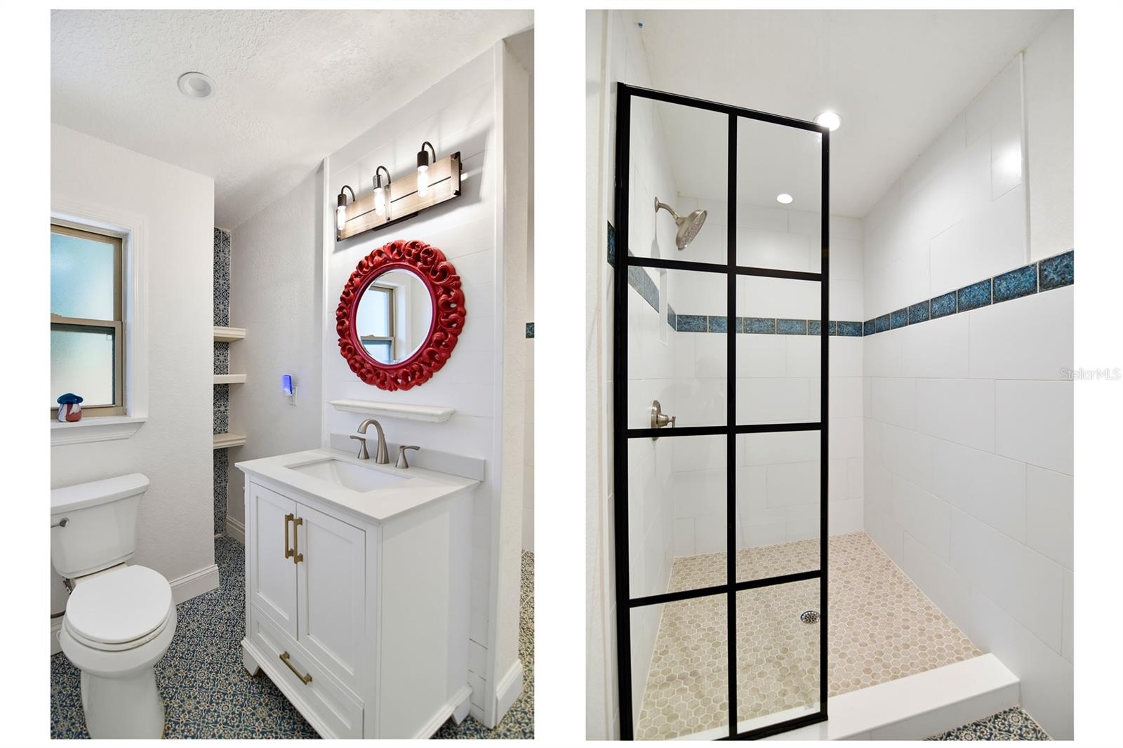 Updated downstairs bathroom with modern vanity and glass-enclosed shower.