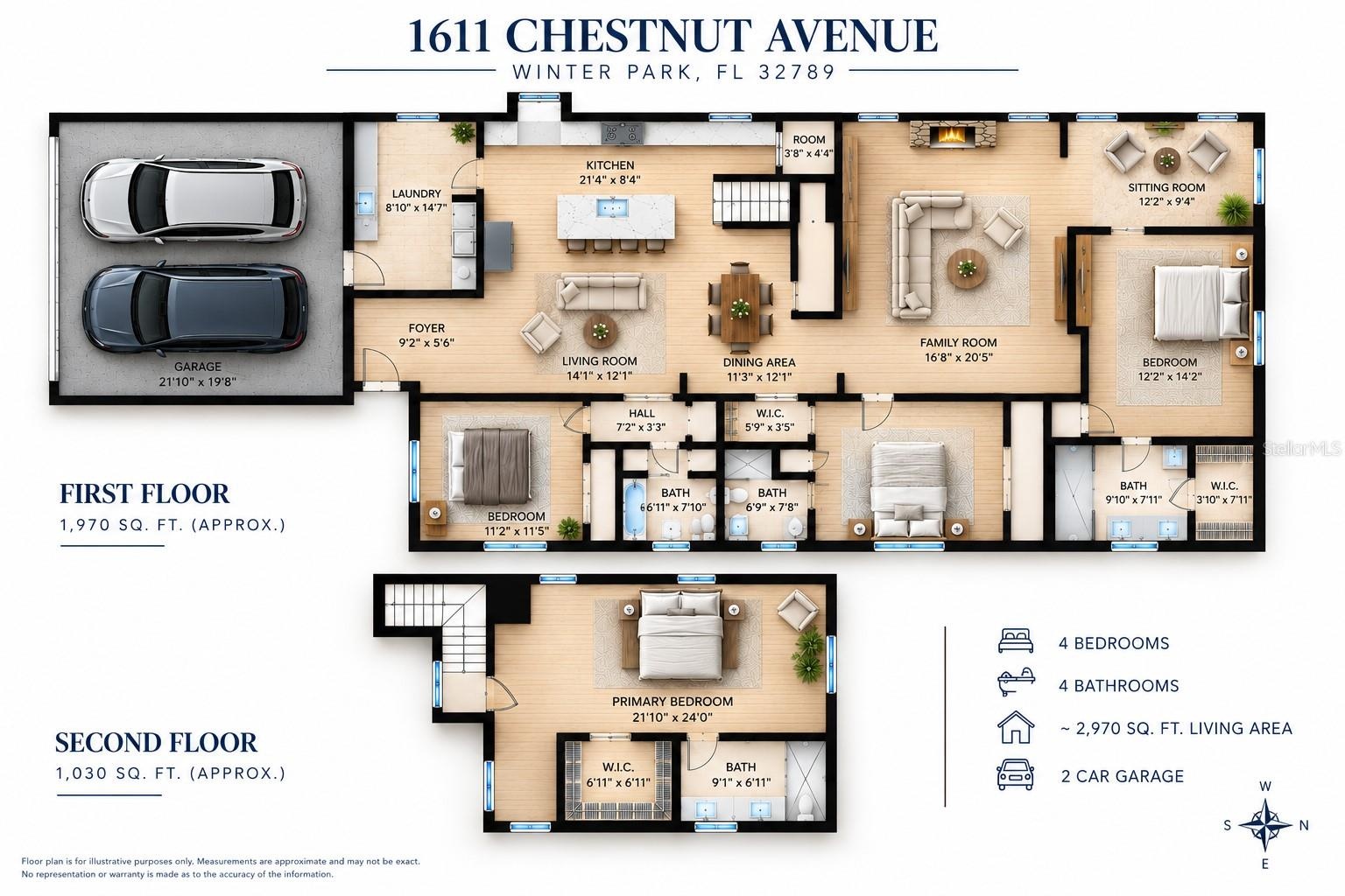 Illustrated two-story floor plan showcasing the home's spacious and versatile layout.