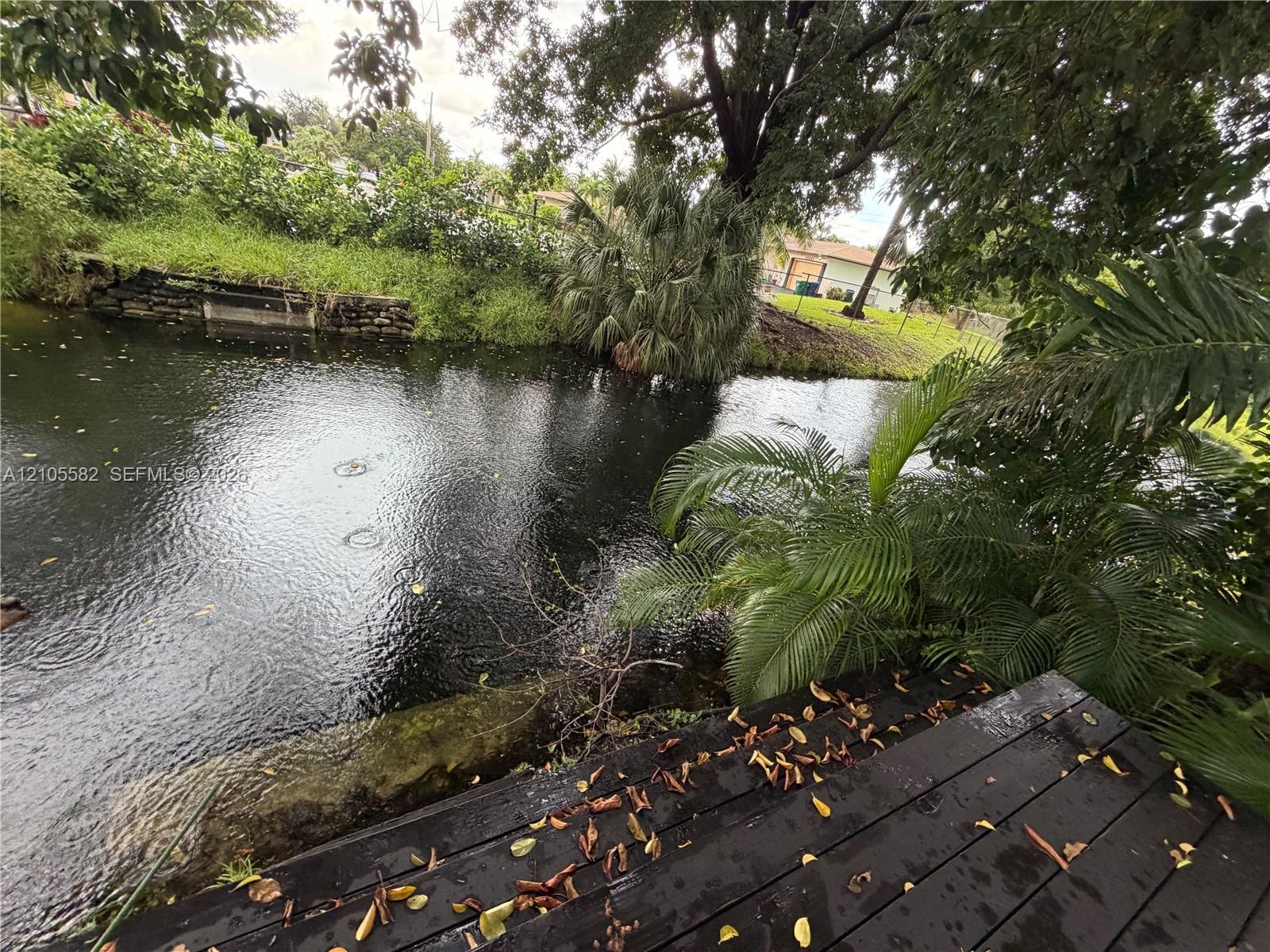 Waterfront property featuring a wood-finish dock and lush tropical landscaping