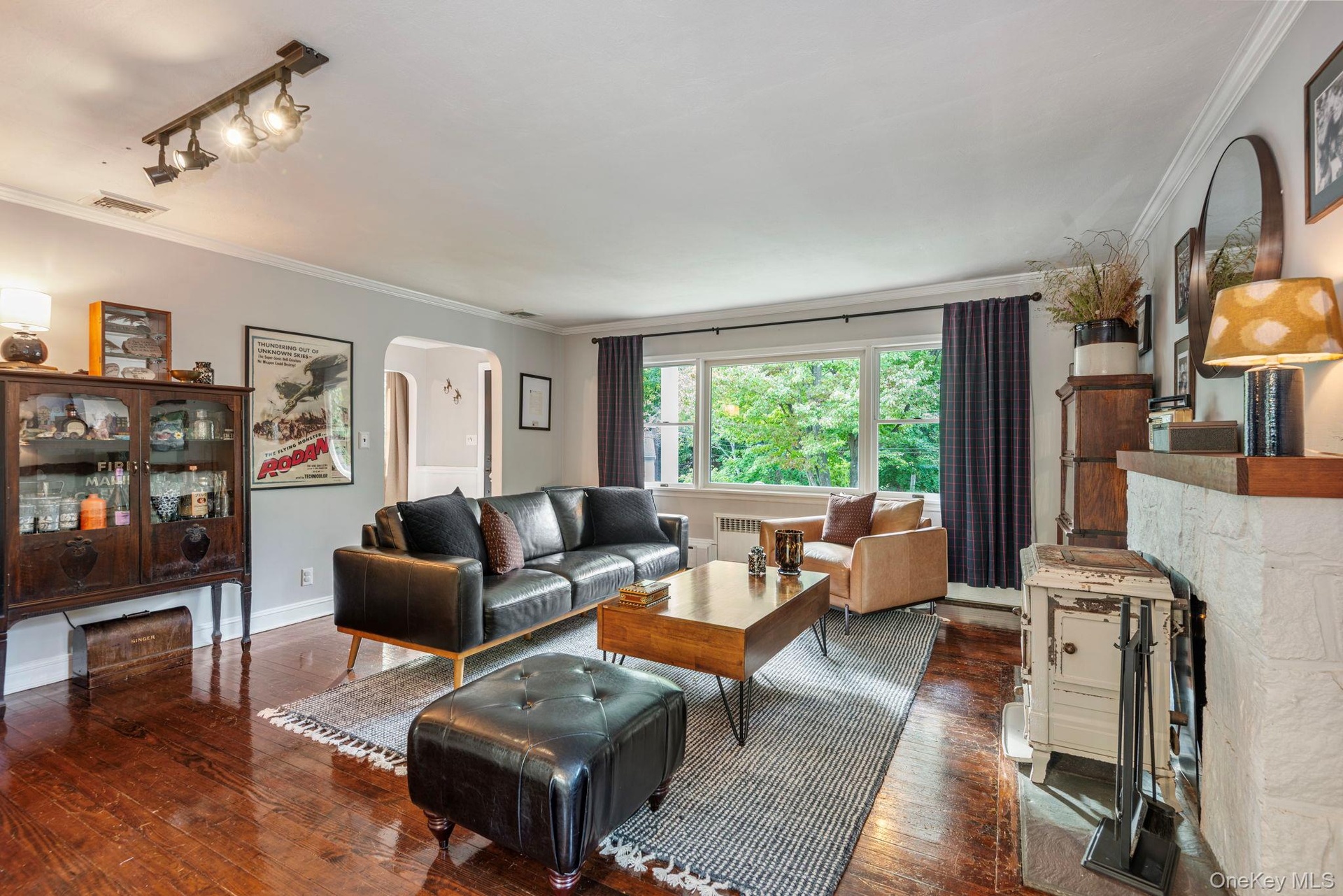 Cozy living room with wood burning stove and built-in bookshelves.