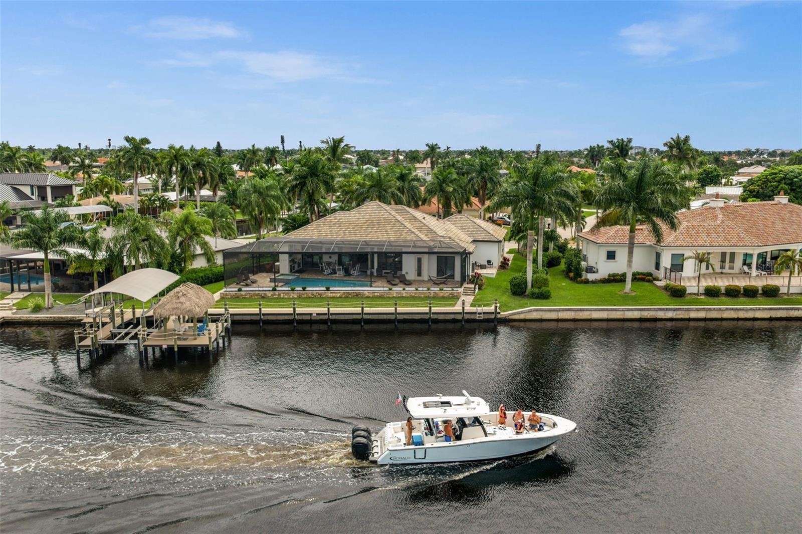 Aerial rear view of the house and dock