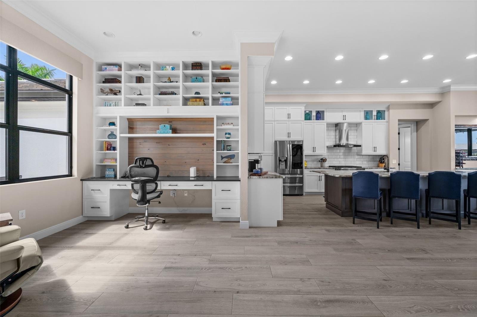 Built in desk and shelving in the open office