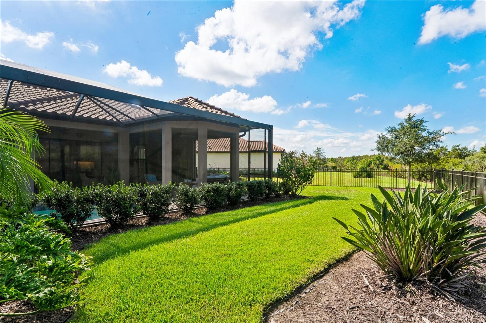 Fenced-in backyard with tropical landscape